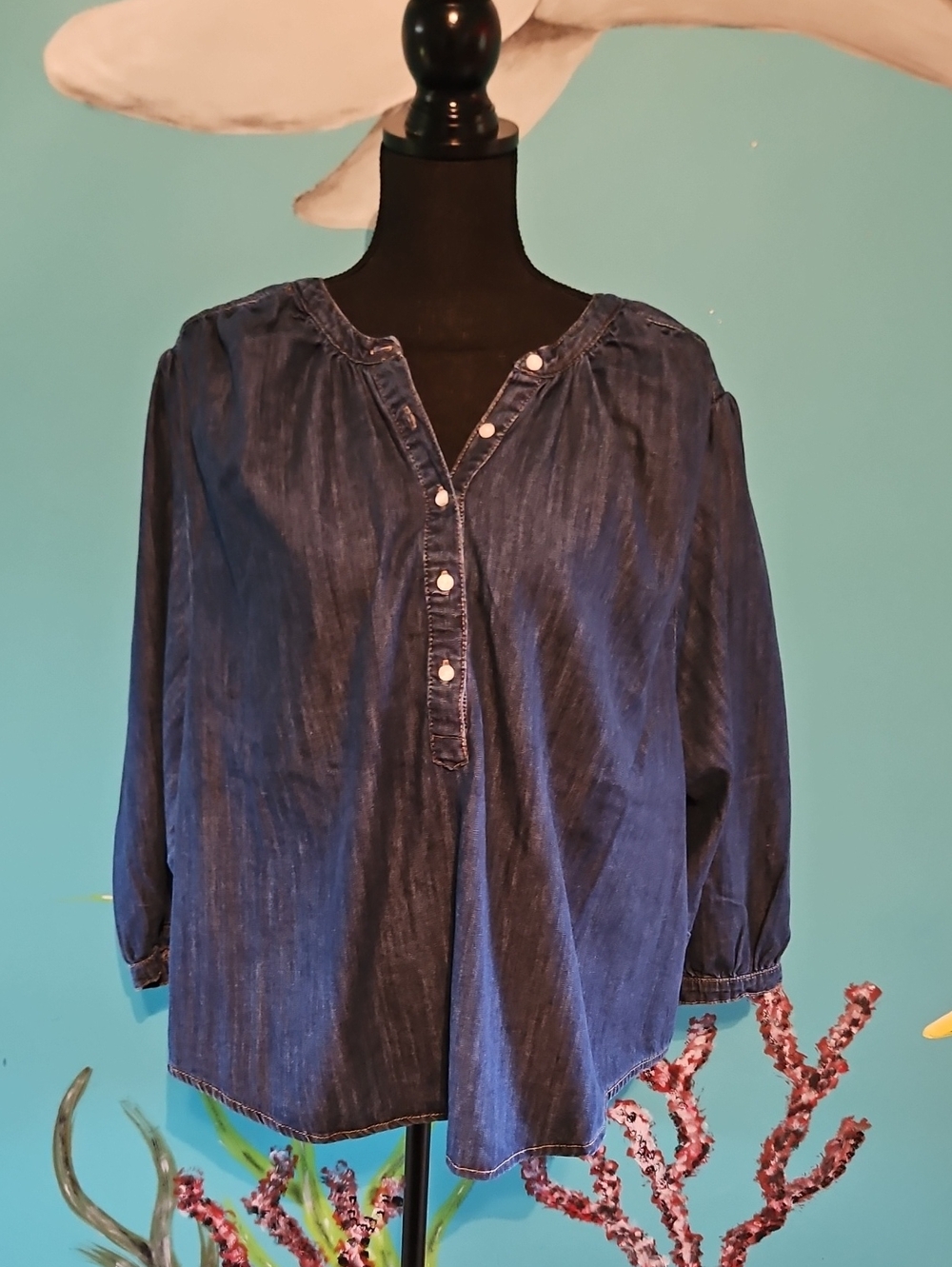 Habitual Indigo Denim Button-Down Peasant Top